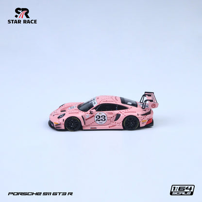Pink Porsche 911 GT3 R model car with open door on a white background, featuring Star Race branding.