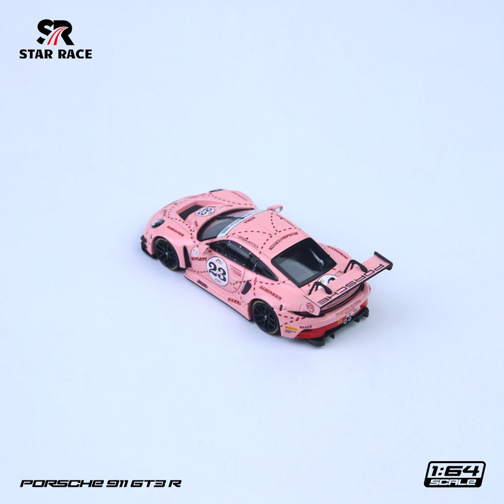 Pink Porsche 911 GT3 R model car on a light gray background with 'Star Race' branding.