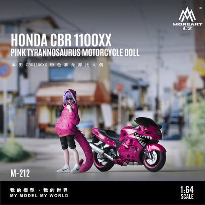 Honda CBR 1100XX Pink Tyrannosaurus motorcycle doll with a person in a pink outfit on a blurred street background.
