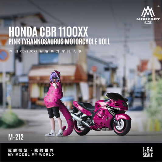 Honda CBR 1100XX Pink Tyrannosaurus motorcycle doll with a person in a pink outfit on a blurred street background.