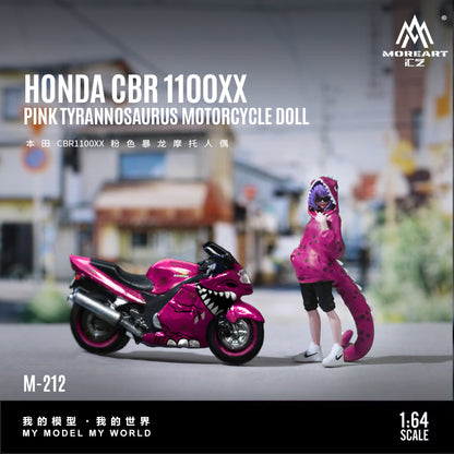 Honda CBR 1100XX pink tyrannosaurus motorcycle doll with a person in a matching outfit on a blurred street background.