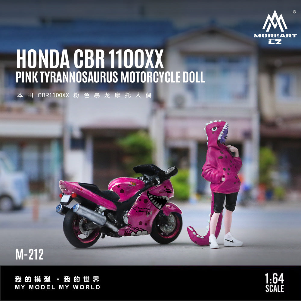 Honda CBR 1100XX Pink Tyrannosaurus motorcycle doll with a person in a pink dinosaur costume on a blurred street background.