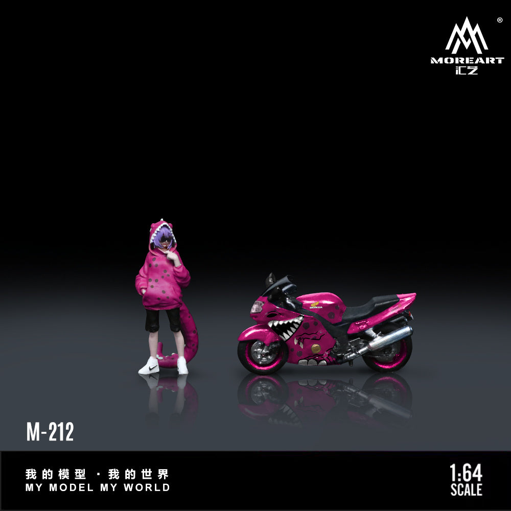 Model figure of a person in a pink outfit with a matching pink motorcycle on a dark background, featuring the brand 'MOREART'.