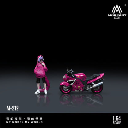 Model figure of a person in a pink outfit with a matching pink motorcycle on a dark background, featuring the brand 'MOREART'.