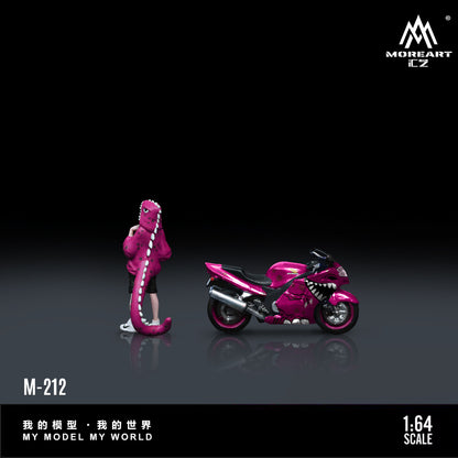 Model figure of a person with a pink creature and a pink motorcycle on a dark background, featuring the Moreart CZ logo.