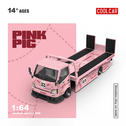 Pink toy truck with 'Pink Pig' branding on a pink background