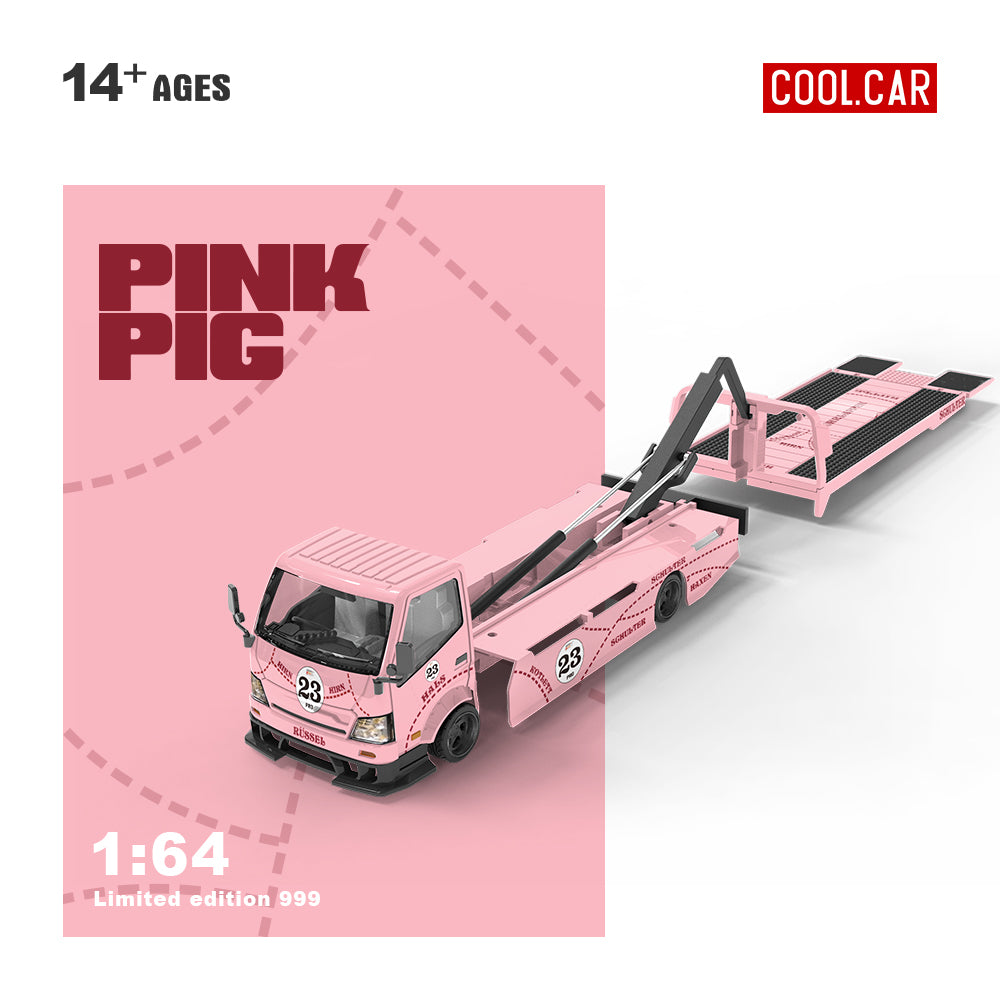Pink toy truck with open trailer on a pink background, labeled 'Pink Pig' and '1:64'.