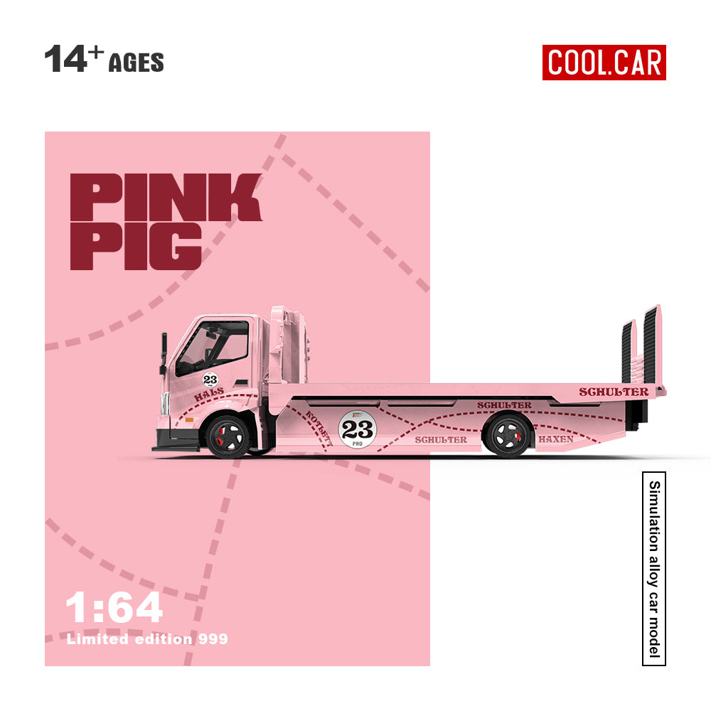 Pink toy truck with 'Pink Pig' branding on a pink background
