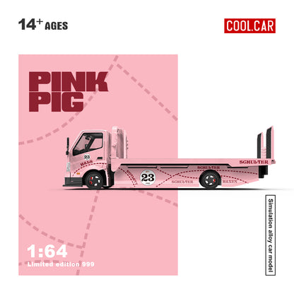 Pink toy truck with 'Pink Pig' branding on a pink background