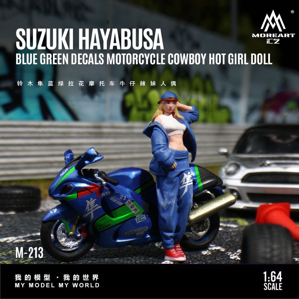 Model Suzuki Hayabusa with blue green decals and a hot girl doll figure on a racing track background.
