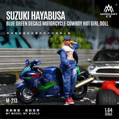 Model Suzuki Hayabusa with blue green decals and a hot girl doll figure on a racing track background.