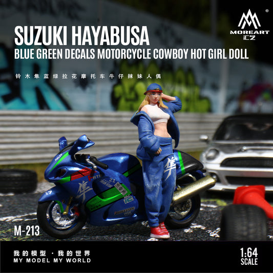 Model Suzuki Hayabusa with blue green decals and a hot girl doll figure on a racing track background.