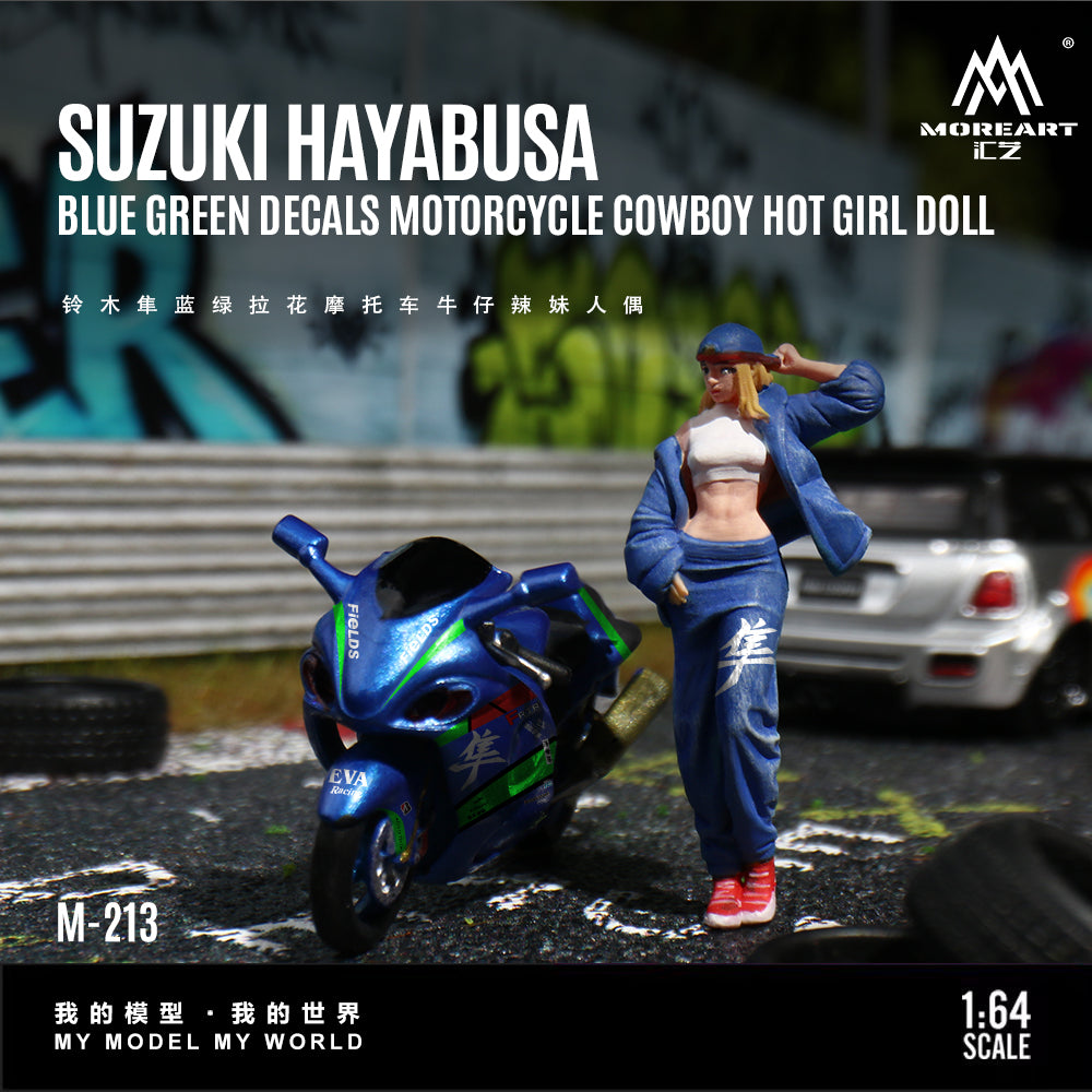 Model Suzuki Hayabusa motorcycle with a hot girl doll figure on a track background, featuring Moreart branding.