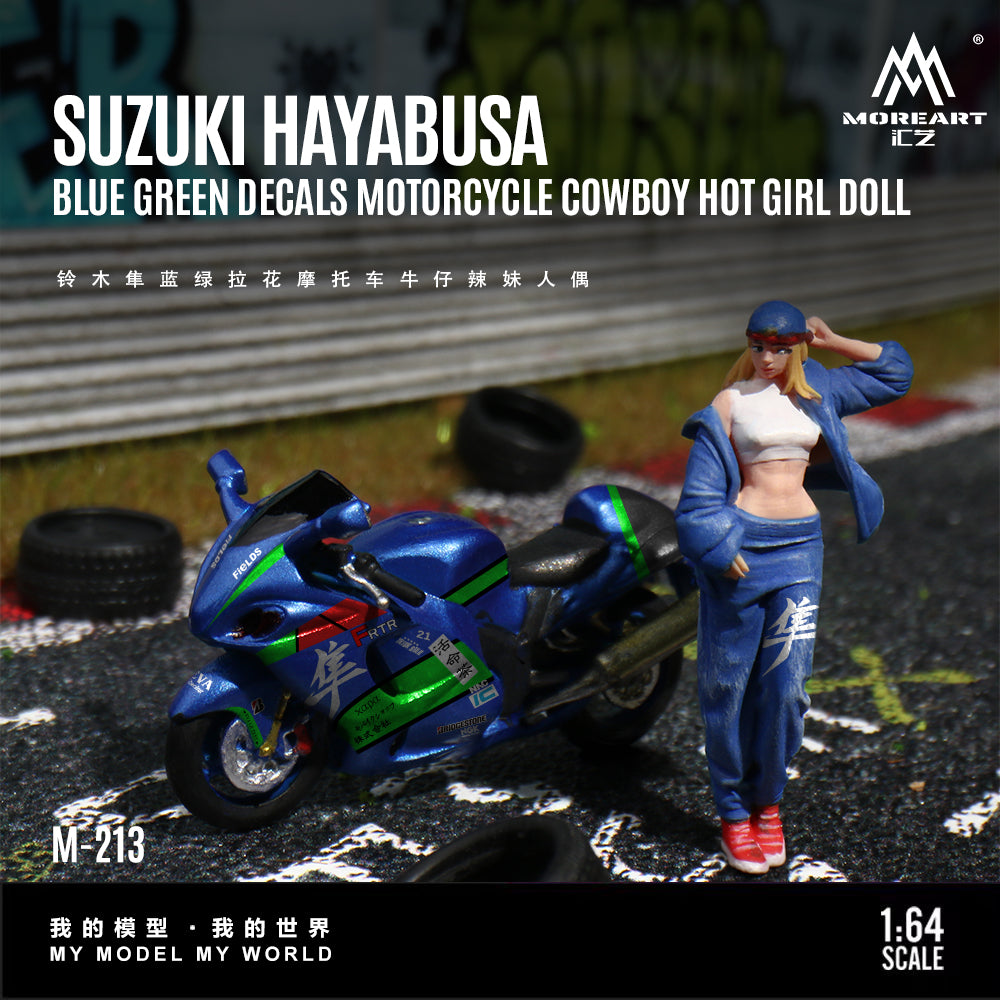 Model Suzuki Hayabusa with blue green decals and a hot girl doll figure on a track background.