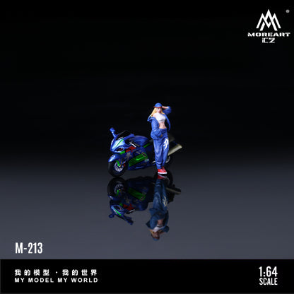 Model figure of a person in blue outfit with a motorcycle on a reflective surface, branded 'MOREART'.