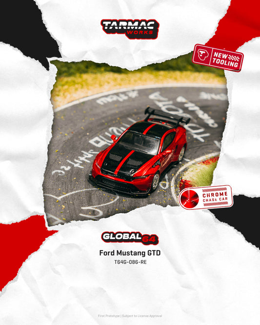 Model car on a racetrack with Tarmac Works branding and product details.