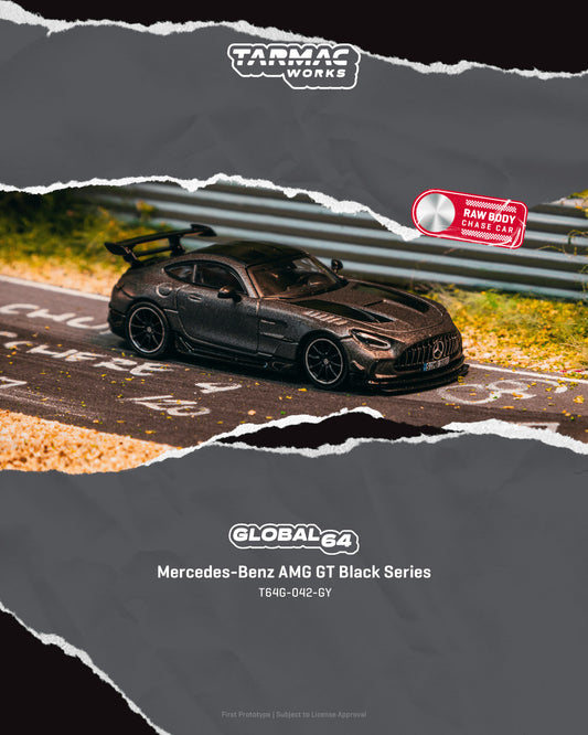 Model car of Mercedes-Benz AMG GT Black Series on a track with Tarmac Works branding.