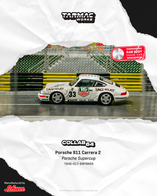 Model car of a Porsche 911 Carrera 2 on a track with Tarmac Works branding.