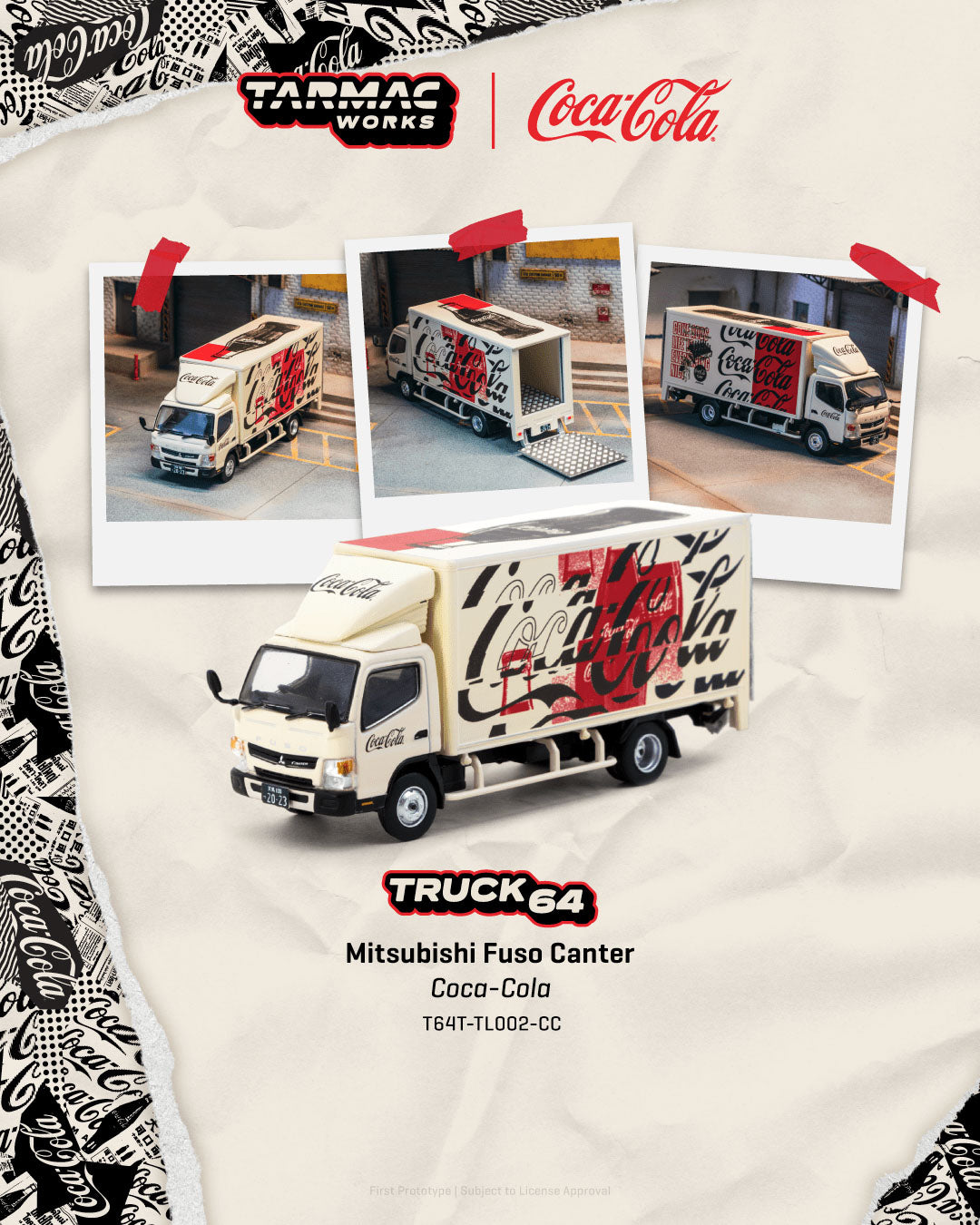 Model truck with Coca-Cola branding on a patterned background