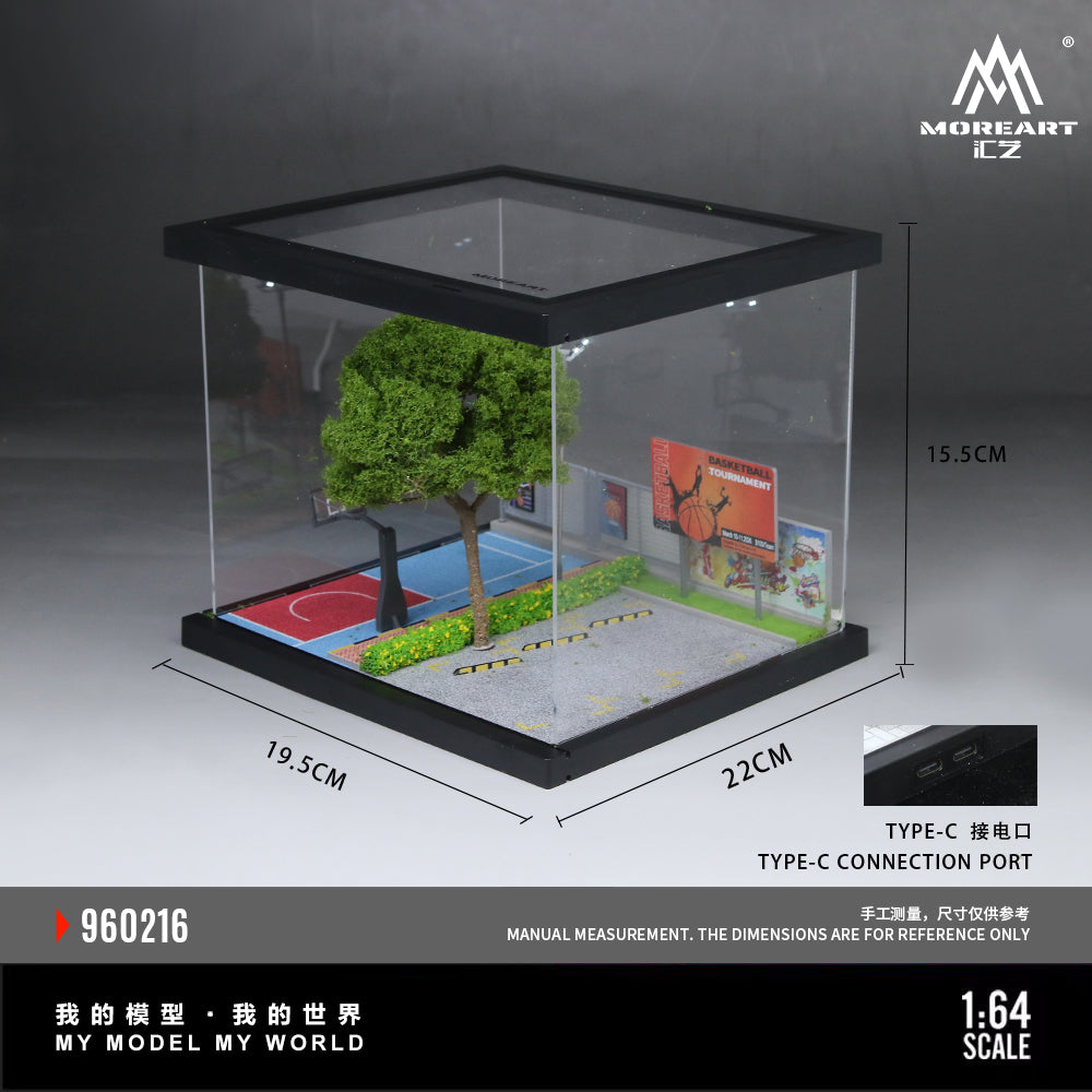 Model of a basketball court in a transparent box with dimensions and branding visible