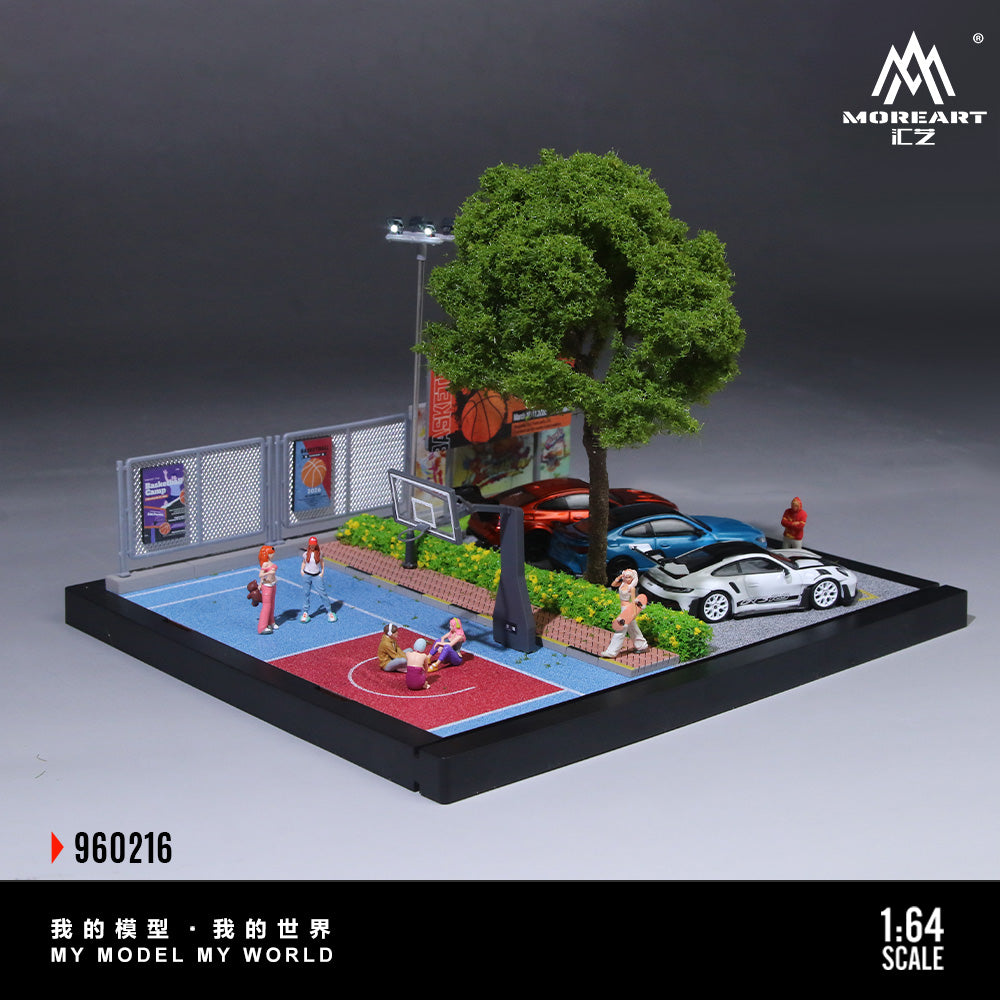 Model basketball court with figures and cars on a gray background, featuring the Moreart brand.