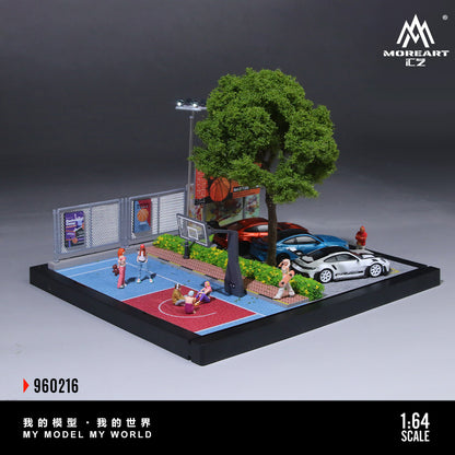Model basketball court with figures and cars on a gray background, featuring the Moreart brand.
