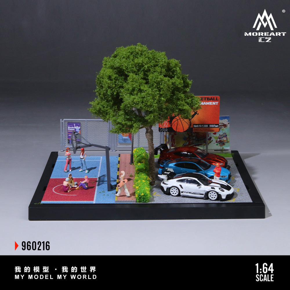 Model basketball court with cars and people, featuring MOREART CZ branding.