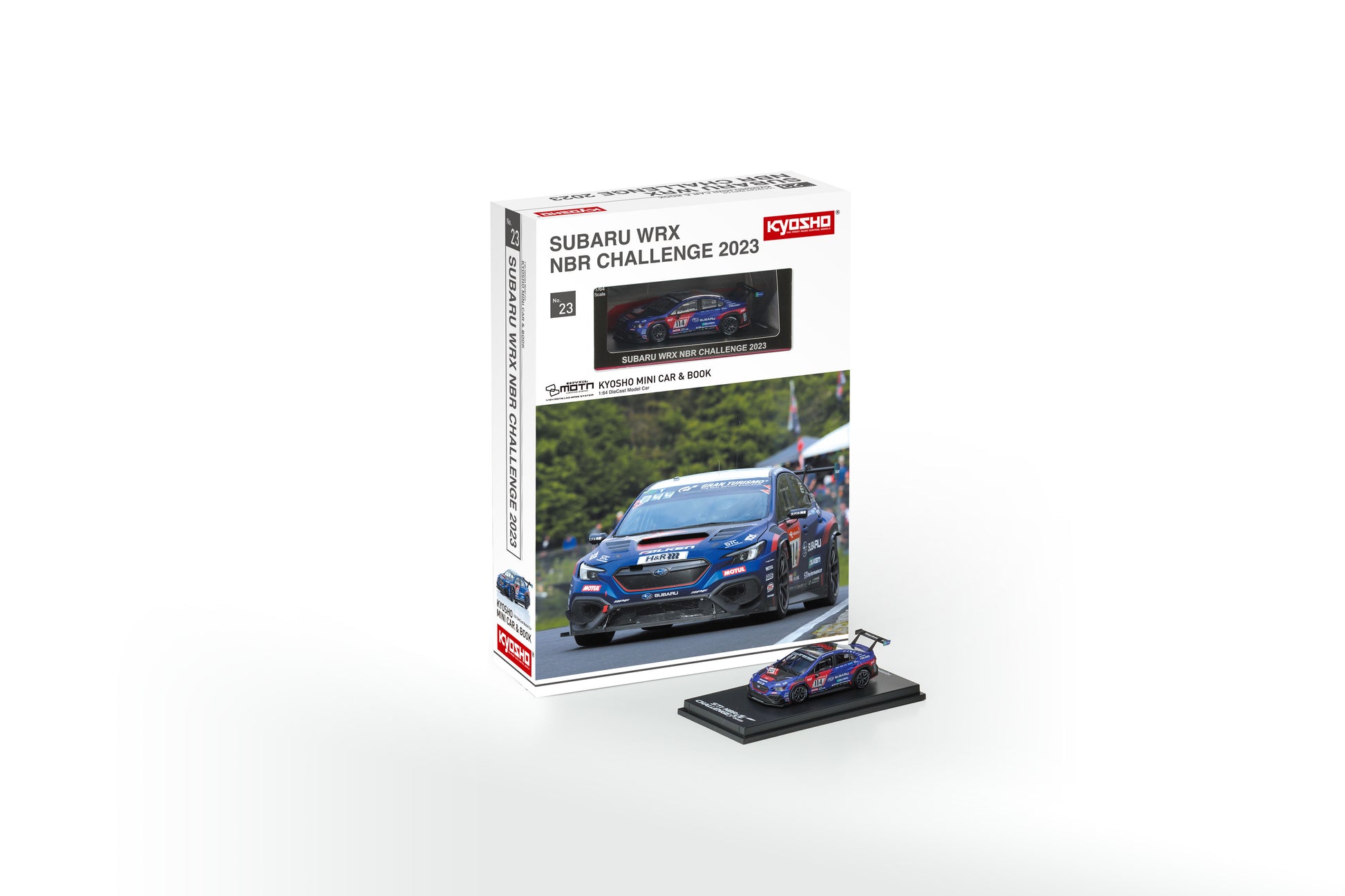Model car and packaging for Subaru WRX NBR Challenge 2020 on a white background