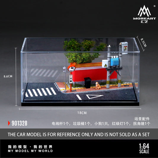 Model car scene with dimensions and MoreArt logo
