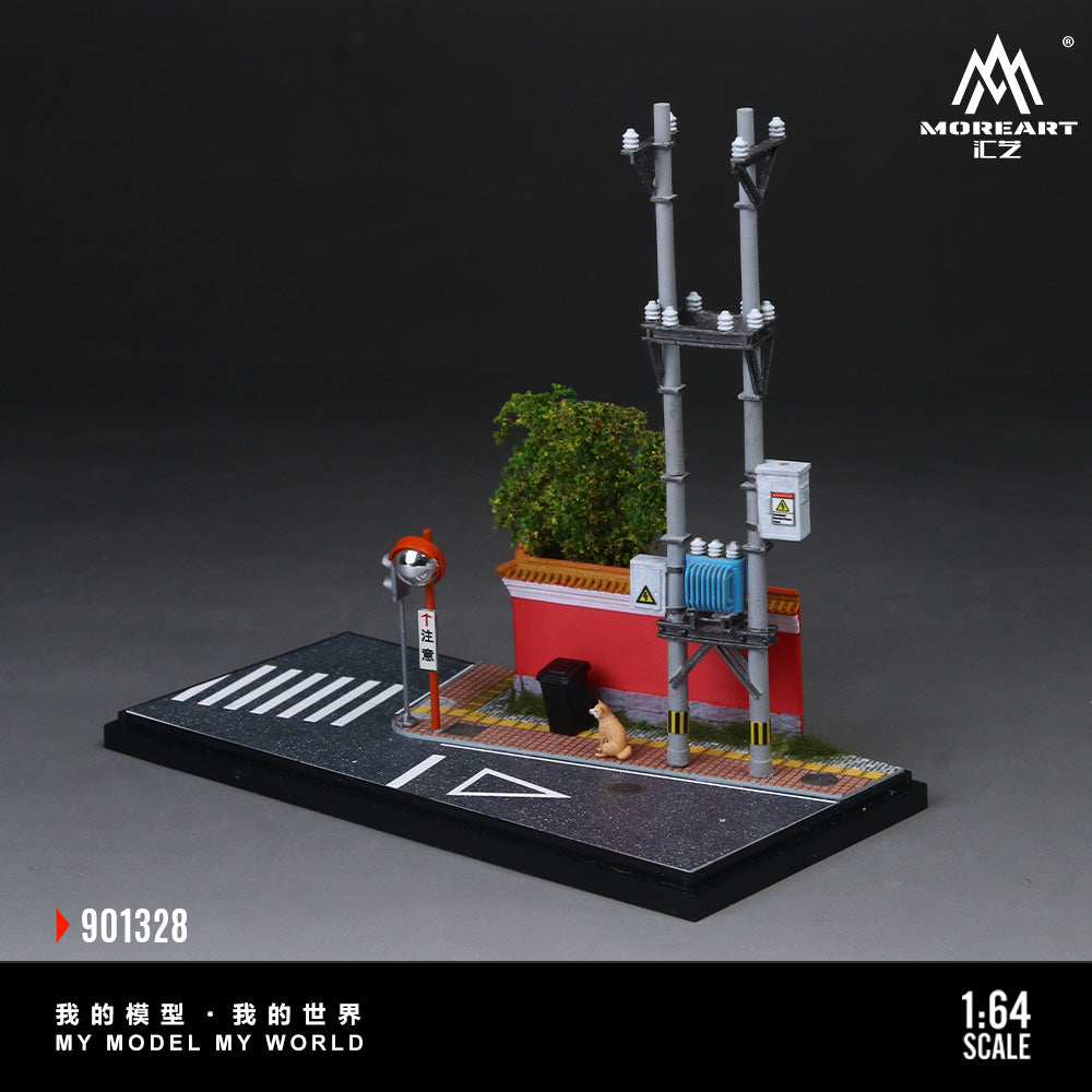 Model of a street scene with a traffic light, building, and dog on a dark background