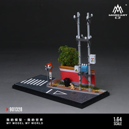 Model of a street scene with a traffic light, building, and dog on a dark background