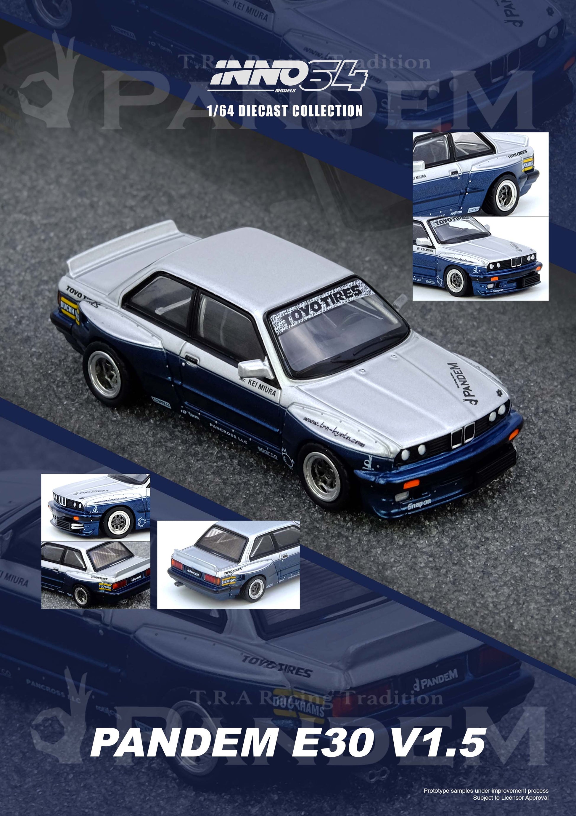 Model car of a Pandem E30 V1.5 with branding and product details on a dark background