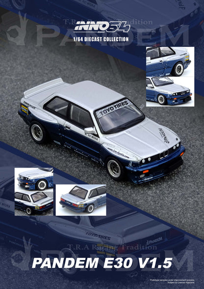 Model car of a Pandem E30 V1.5 with branding and product details on a dark background