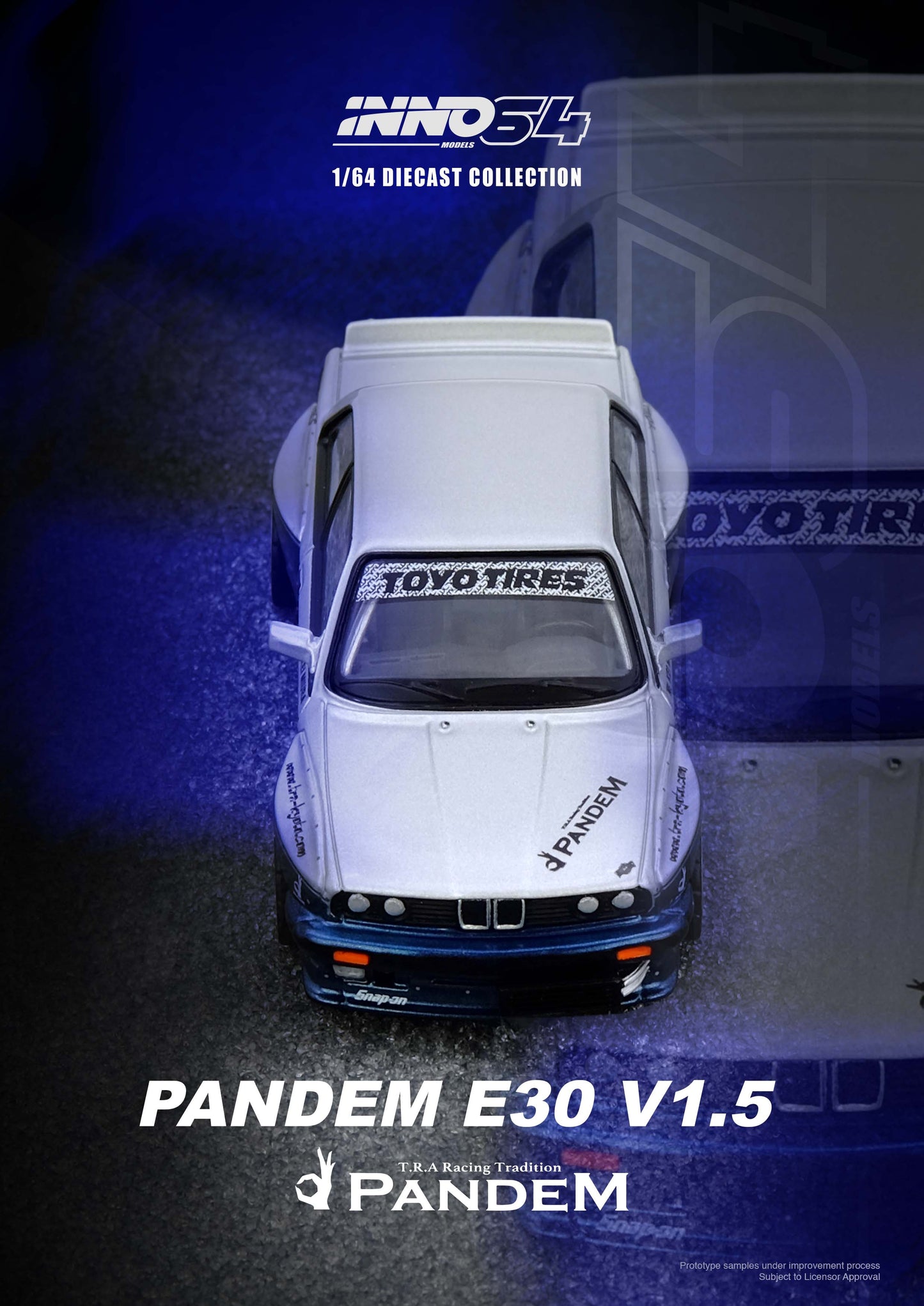 Model car of a Pandem E30 V1.5 with Toyo Tires branding on a dark background.