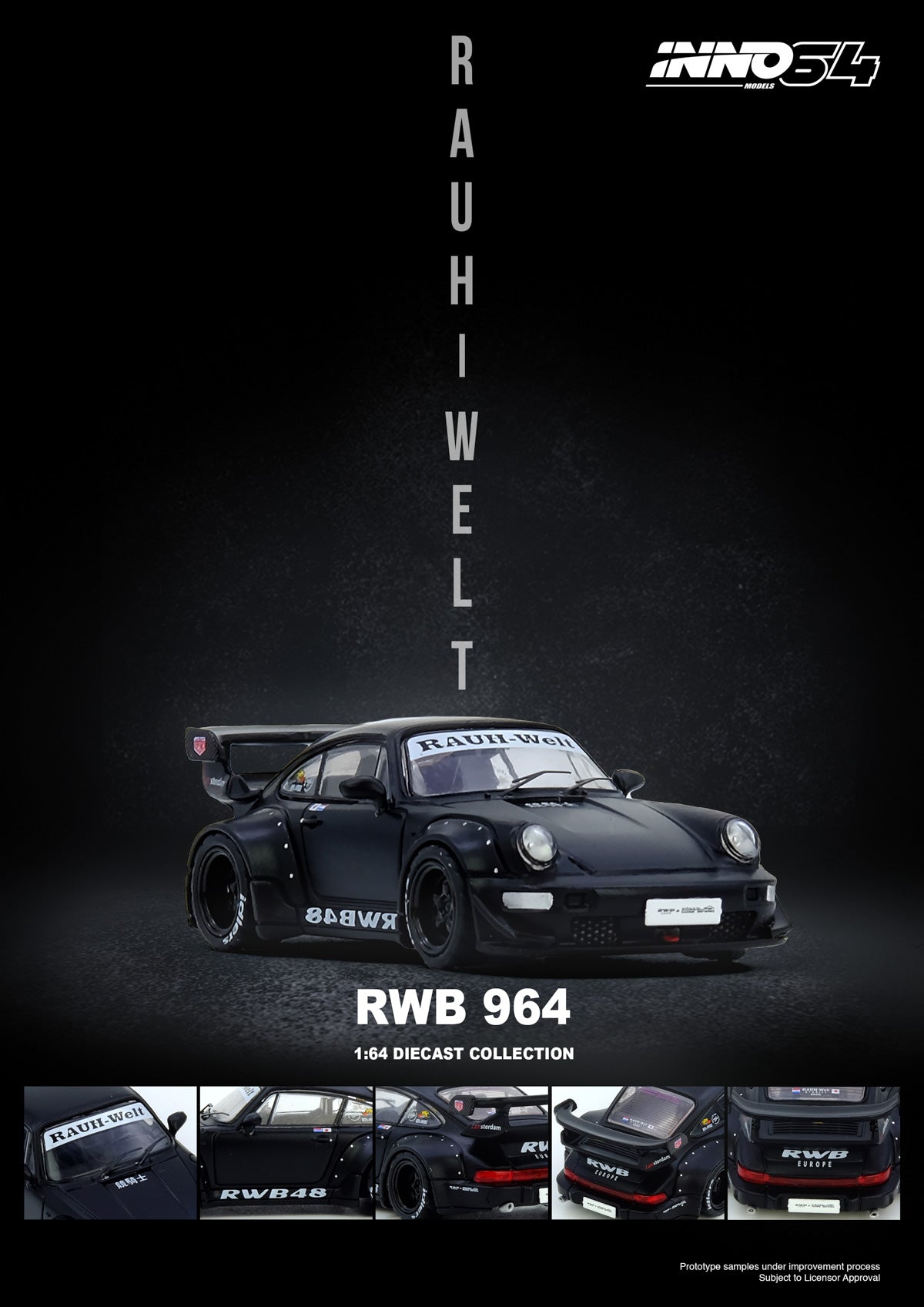 Promotional image of a Rauh-Welt Begriff RWB 964 model car with product details on a dark background.