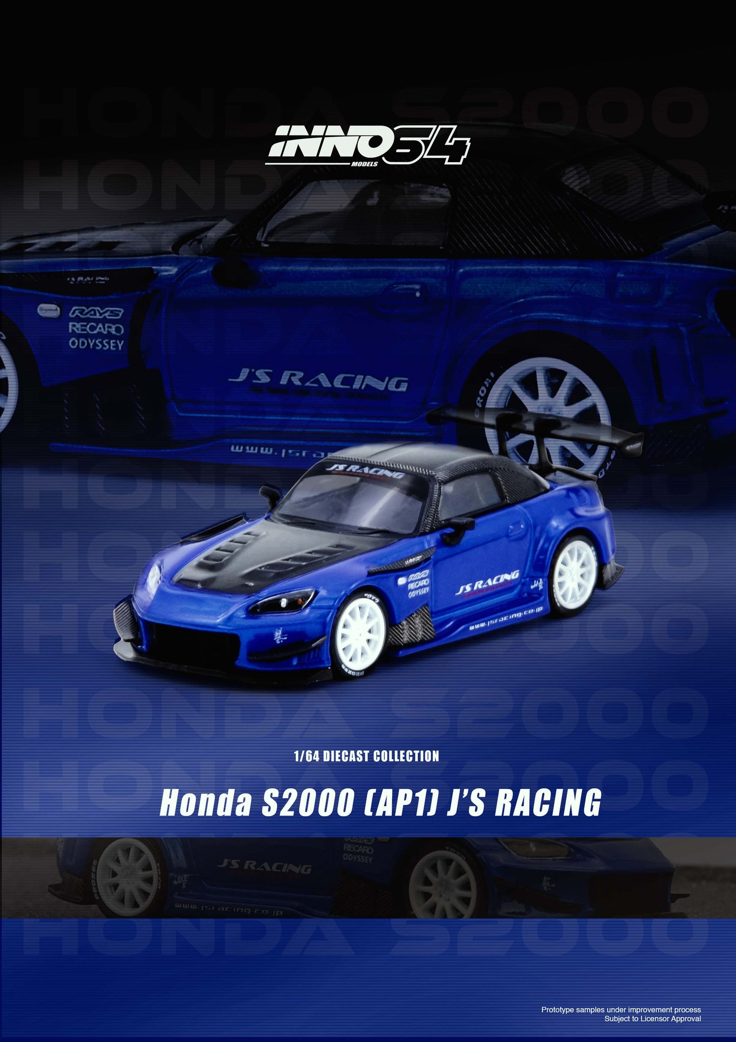 Model car of Honda S2000 (AP1) JS Racing on a dark background with INNO54 branding.