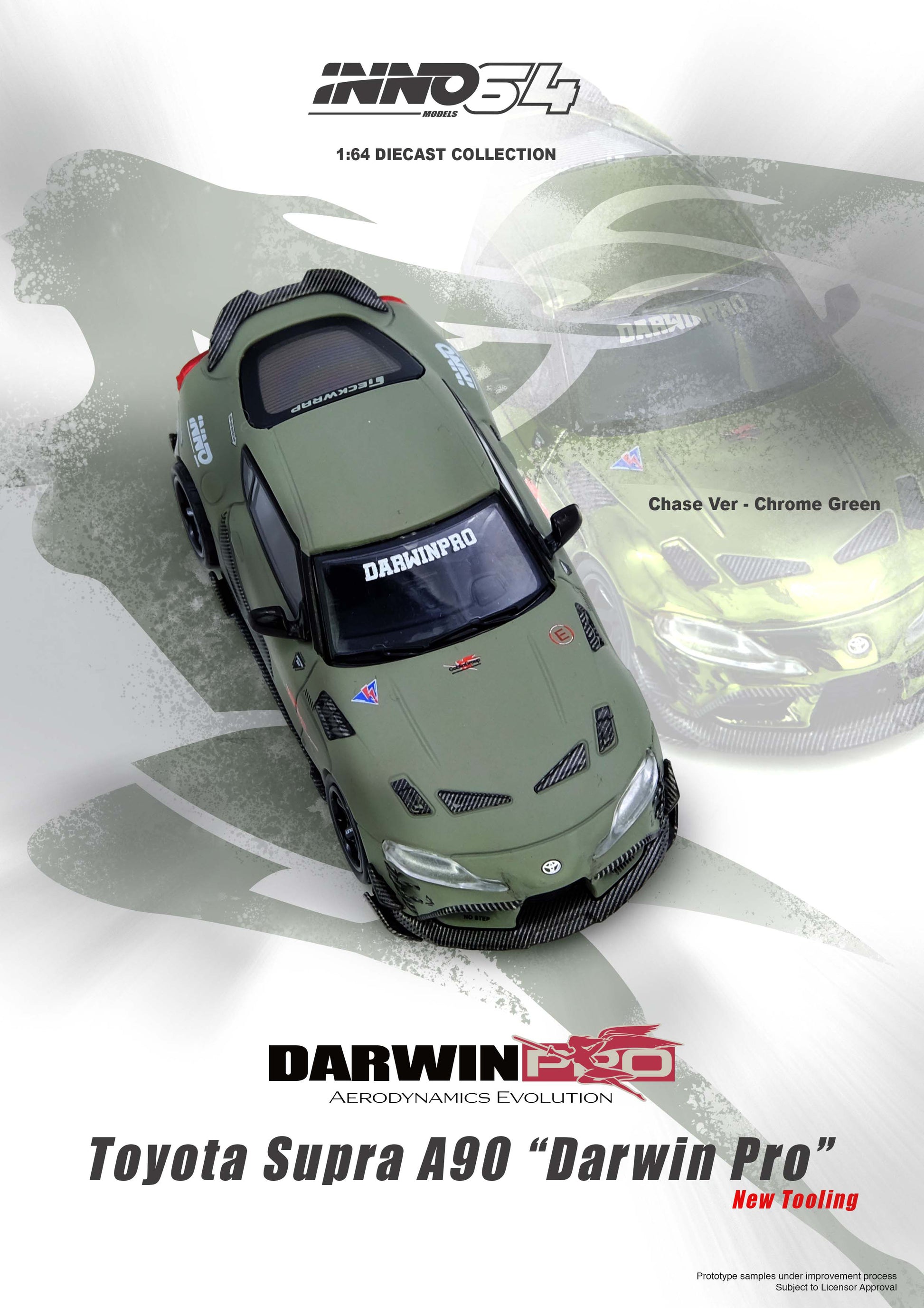 Model toy car of Toyota Supra A90 with 'Darwin Pro' branding on a white background.