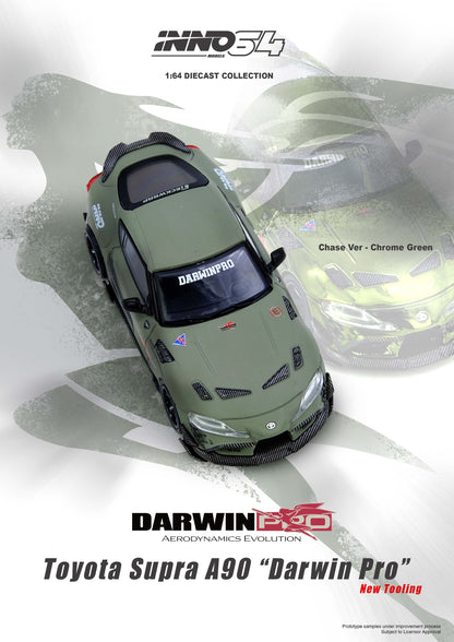 Model toy car of Toyota Supra A90 with 'Darwin Pro' branding on a white background.