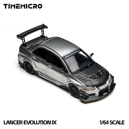 Model car of Lancer Evolution IX by Timemicro on a white background