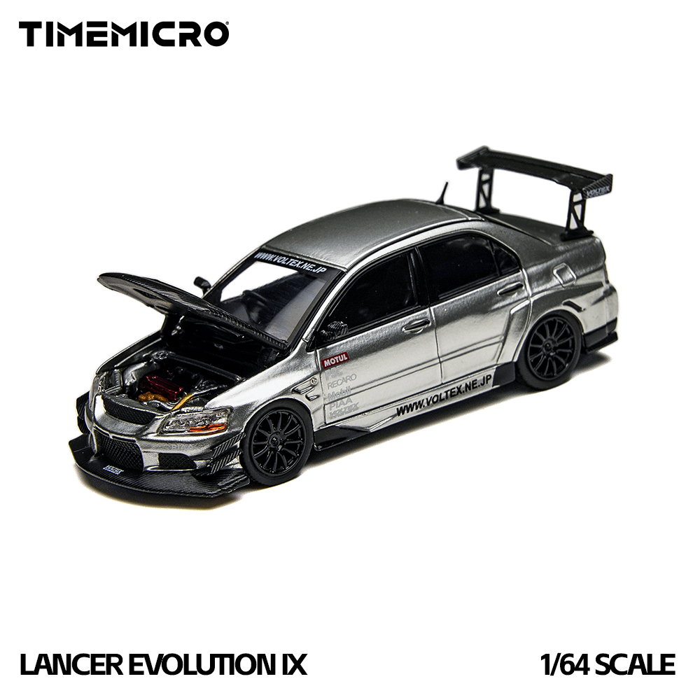 Model car of a Lancer Evolution IX by Timemicro on a white background