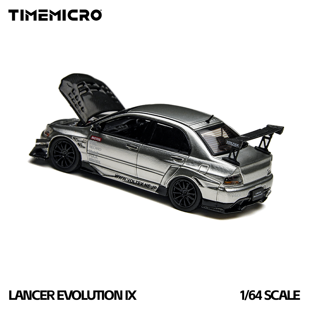 Model car of a Lancer Evolution IX by Timemicro on a white background
