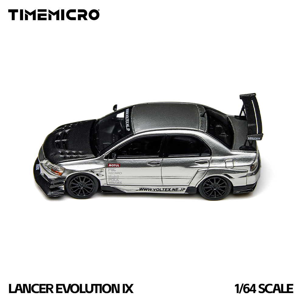 Model car of Lancer Evolution IX by Timemicro on a white background