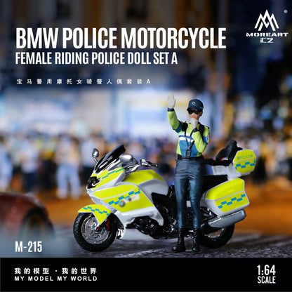 Model BMW police motorcycle and female police officer doll set with 'Moreart' branding.