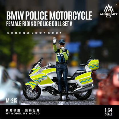 Model BMW police motorcycle with a female rider in uniform, featuring the brand 'MoreArt'.