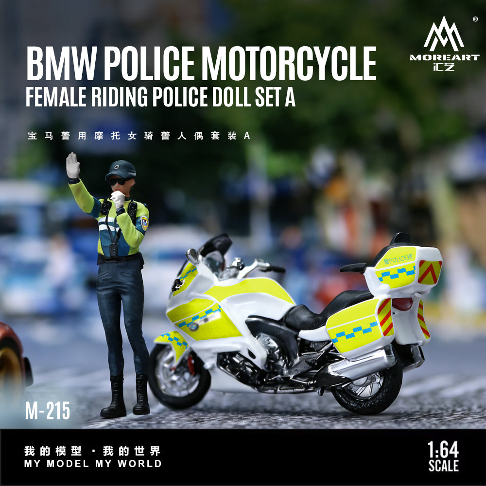 Model BMW police motorcycle and female police officer doll set with 'Moreart' branding.