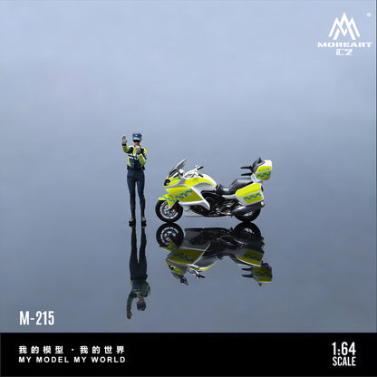 Model figure of a police officer with a motorcycle on a reflective surface, featuring the brand 'MOREART'.