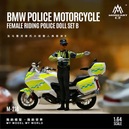Model BMW police motorcycle with a female police officer doll, featuring Moreart branding.