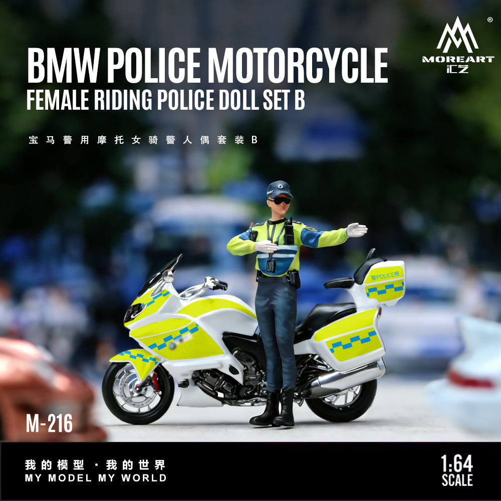 Model BMW police motorcycle with a female rider doll on a blurred background