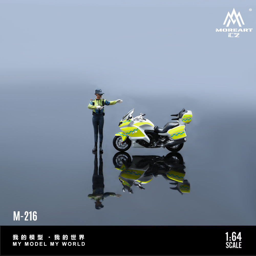Model figure of a police officer with a motorcycle on a reflective surface, featuring the Moreart ICZ brand.