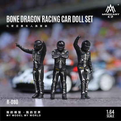Bone Dragon Racing Car Doll Set with skeleton-themed figures on a blurred race track background.